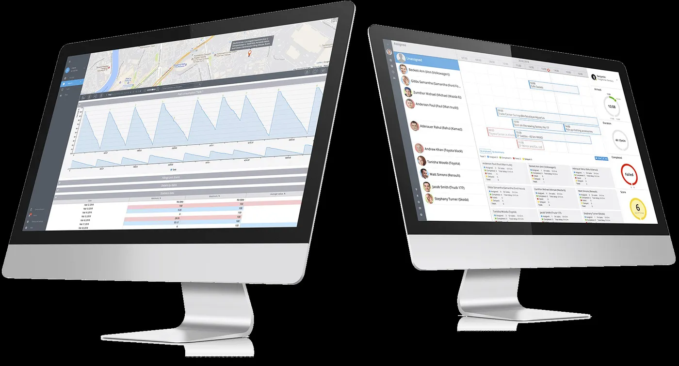 Two monitors showing fleet dashboards, charts and driver tables