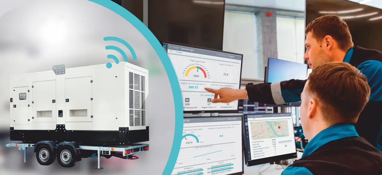 Engineers reviewing generator telemetry on a dashboard beside a diesel generator
